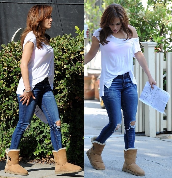 Jennifer Lopez filmed scenes for a new movie in classic blue jeans paired with a white top that exposed her bra