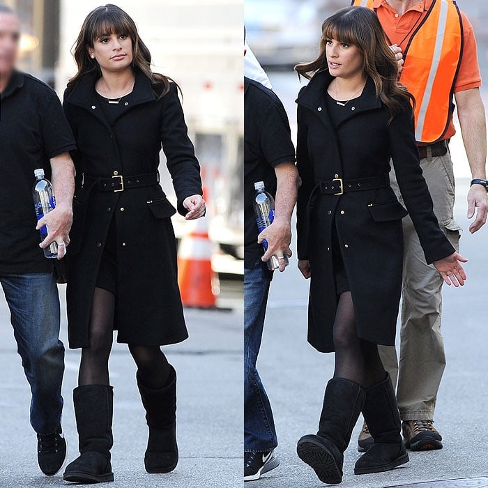 Lea Michele paired a tailored belted coat with clunky ugg boots like a pro