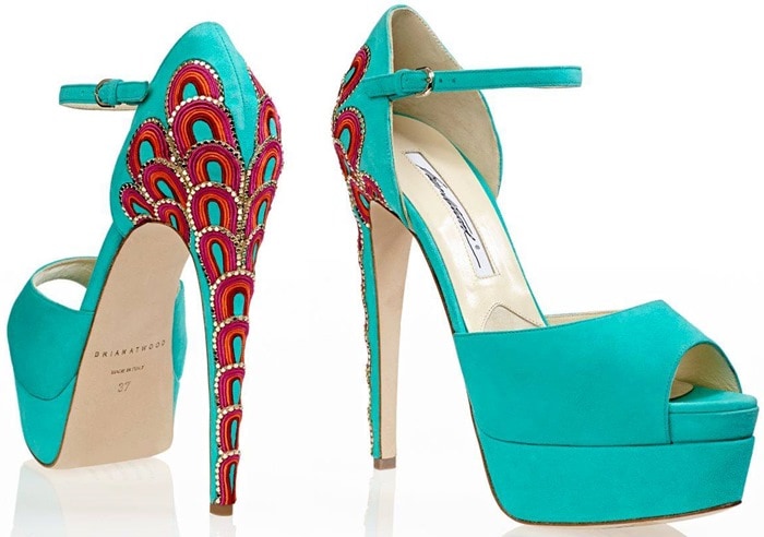Brian Atwood Blue Simi Embroidered-Heel Suede Platform Sandals