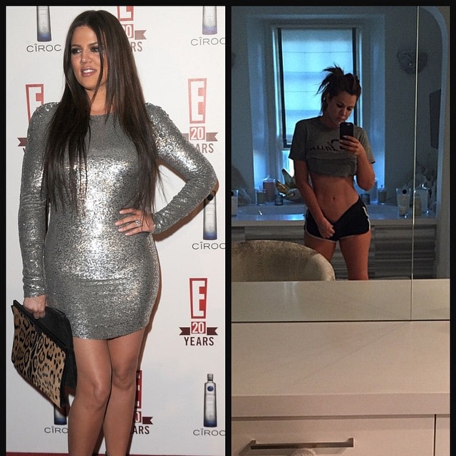 Khloe Kardashian's Instagram post comparing a picture of her from E!'s 20th birthday party in 2010 and a bathroom selfie showing her slimmed-down figure -- posted on February 27, 2015