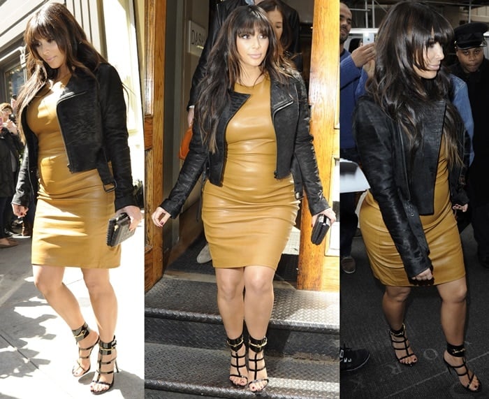 Pregnant Kim Kardashian wearing black patent leather sandals with a camel colored leather dress and a black leather biker jacket