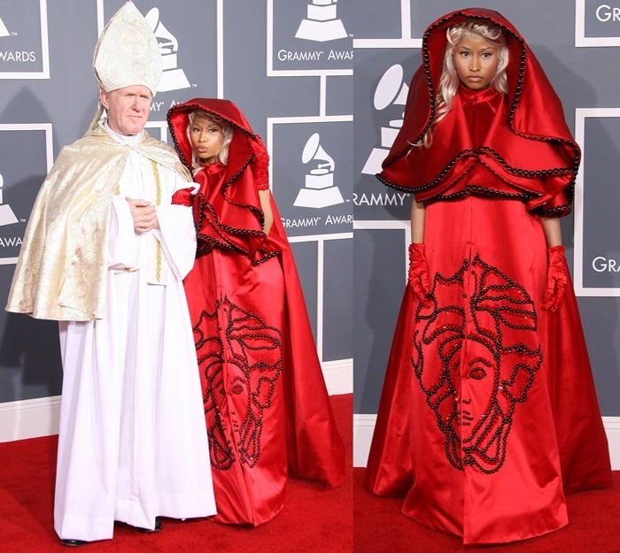 Nicki Minaj dressed as a red nun and walked the red carpet with “The Pope” at the 2012 Grammy Awards held at Staples Center in Los Angeles on February 12, 2012