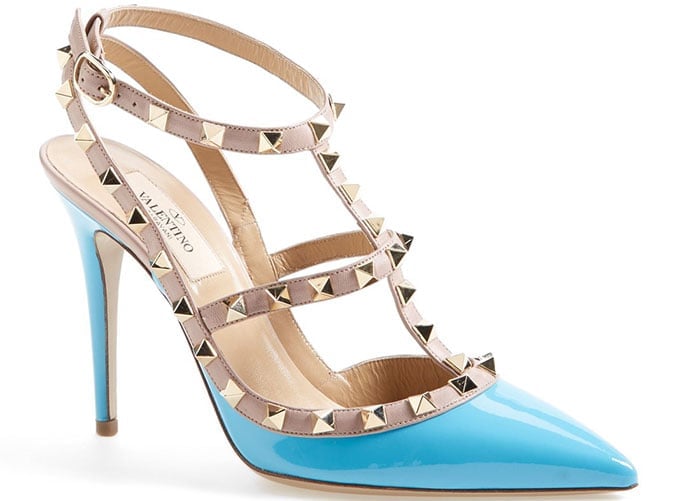 Valentino "Rockstud" T-Strap Leather Pumps in Blue
