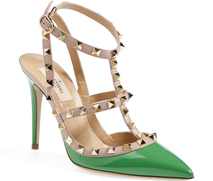 Valentino "Rockstud" T-Strap Leather Pumps in Green