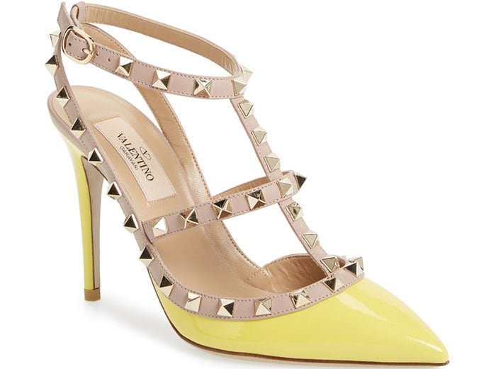 Valentino "Rockstud" T-Strap Leather Pumps in Yellow