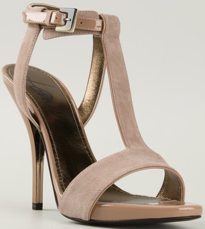 Lanvin shoes with open toes, ankle straps with a side buckle fastening, brand embossed insoles and mid high stiletto heels