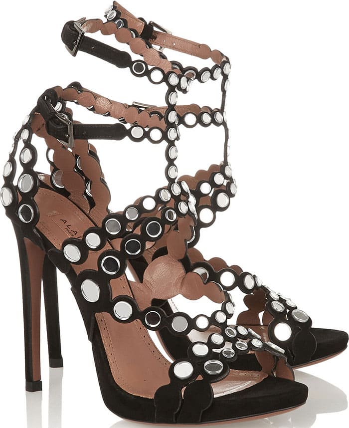 Alaia Mirror-embellished laser-cut suede sandals