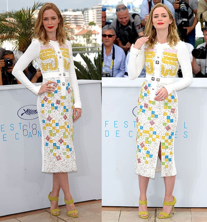 Emily Blunt finished off her summery look with a pair of yellow heels by Jimmy Choo