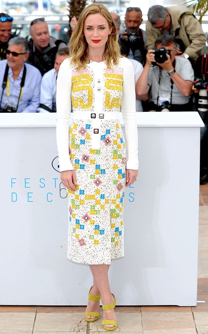 Emily Blunt in a colorful Peter Pilotto A/W 2015 frock featuring bold embroideries and silver studs and embellishments