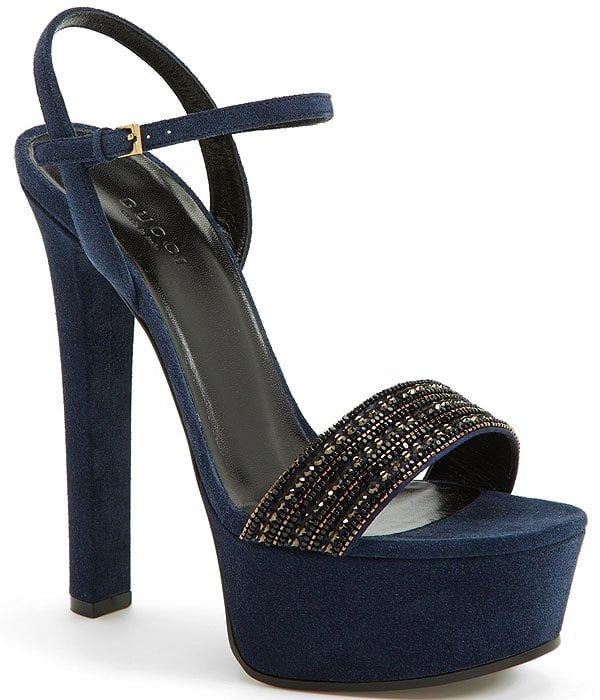 Gucci Leila Beaded Platform Sandals in Blue Suede