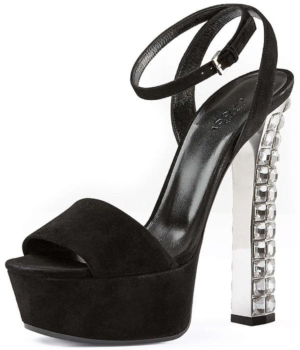 Gucci Leila Crystal-Heel Platform Sandals in Black Suede