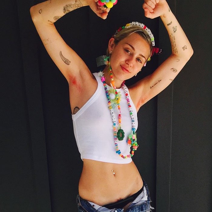 Miley Cyrus showing off her newly dyed armpit and pubic hair on Instagram on May 1, 2015