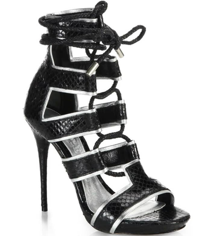 Alexander McQueen Ankle-Tie Snake-Embossed Leather Sandals