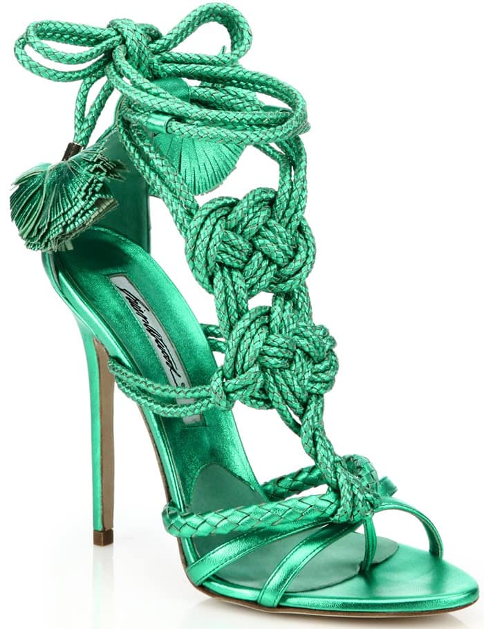 Brian Atwood Blue Yuna Knotted Braided Leather Ankle-Tie Sandals
