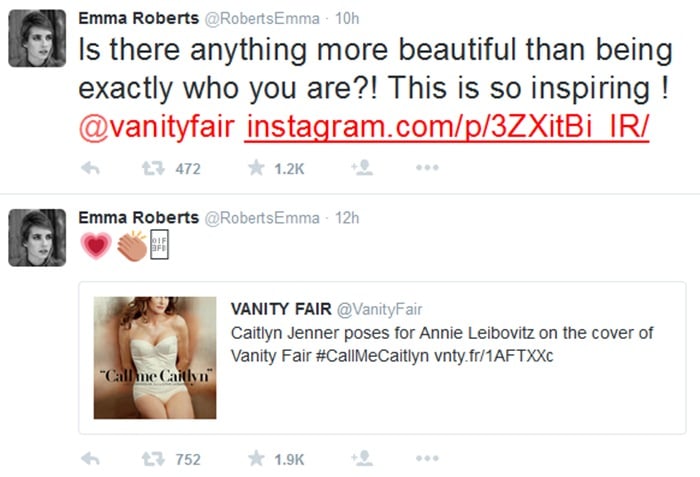 Emma Roberts tweets in support of Caitlyn Jenner's Vanity Fair cover on June 1, 2015