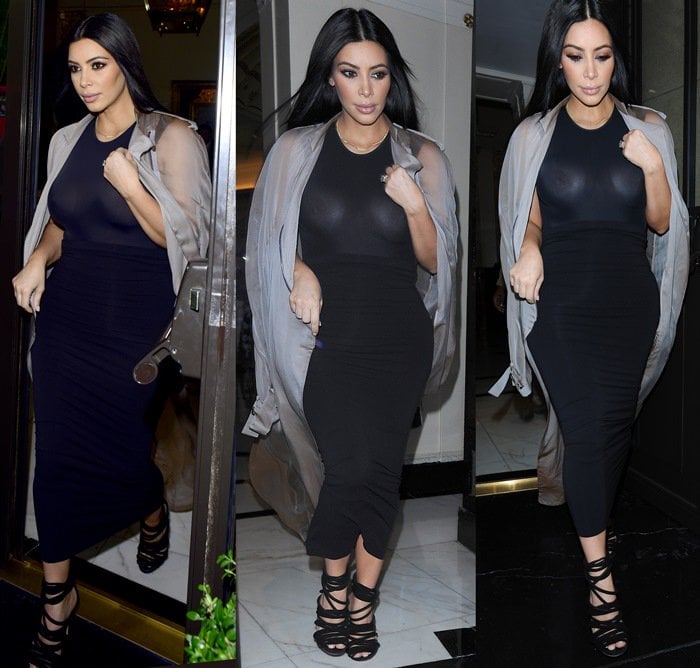Kim Kardashian leaves her London hotel wearing a sheer dress that reveals her breasts