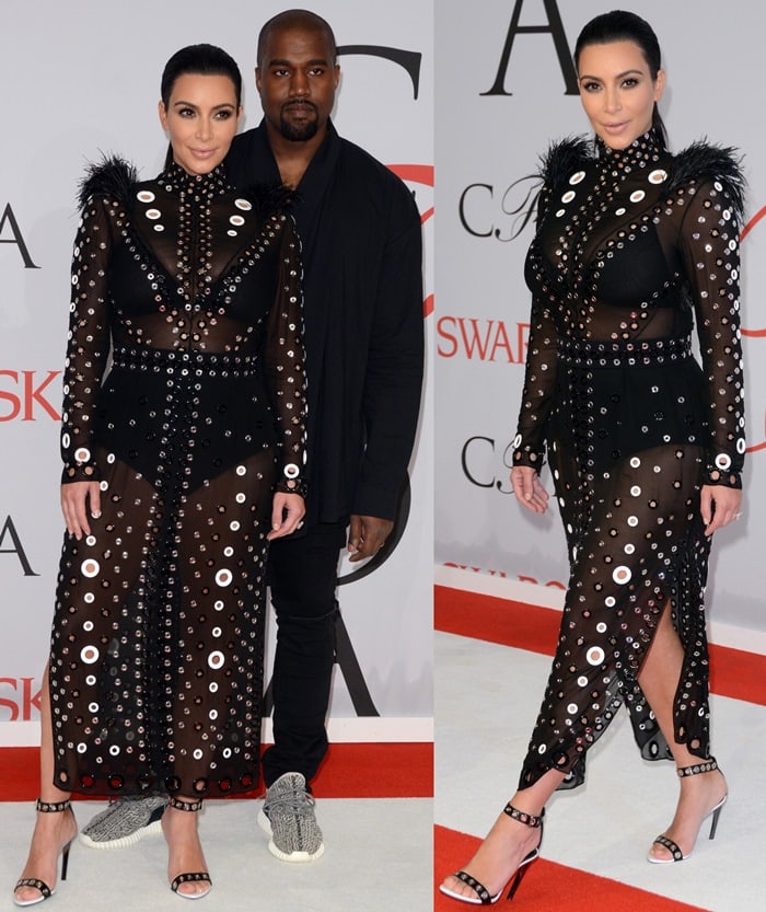 Kim Kardashian in a sheer dress with Kanye West at the 2015 CFDA Fashion Awards held at Alice Tully Hall at Lincoln Center in New York City on June 1, 2015