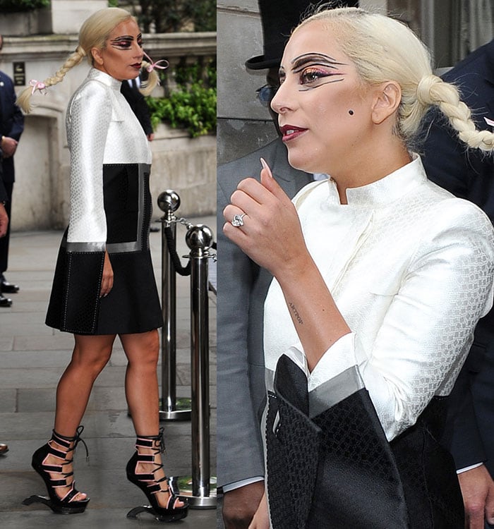 Lady Gaga wearing Pippy Longstocking plaits while leaving The Langham Hotel in London, England, on June 10, 2015