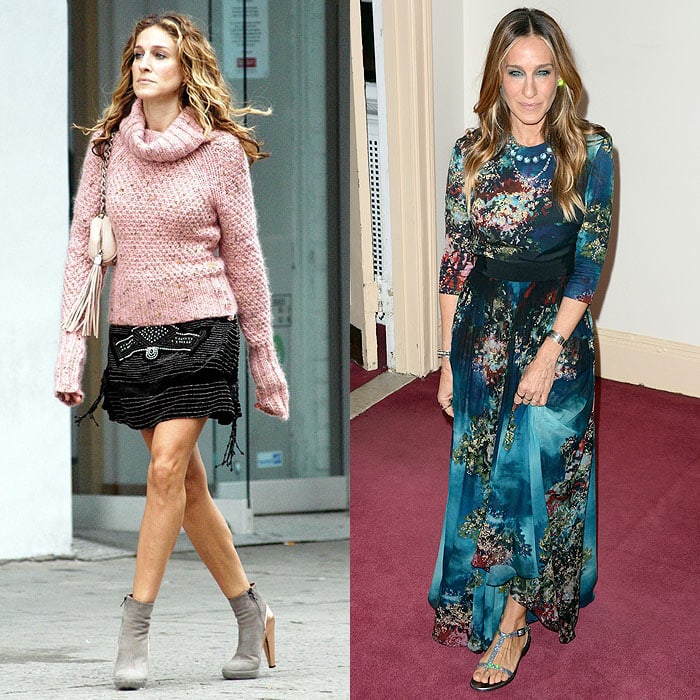 Sarah Jessica Parker wearing high heels while filming "Sex and the City" in NYC's meatpacking district on November 6, 2003; SJP wearing glittery flats to the Irish Repertory Theatre’s Annual Gala Production at The Town Hall in New York City on June 8, 2015