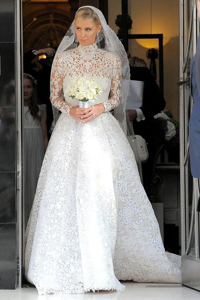 Nicky Hilton in her Valentino Couture wedding gown at Claridge's hotel and heading to her wedding to James Rothschild at Kensington Palace in London, England, on July 10, 2015