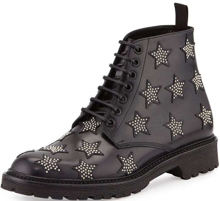 Saint Laurent Army Star-Studded Leather Boot in Black