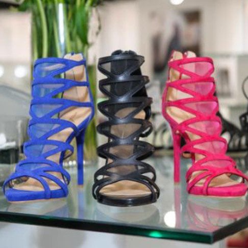 Daya mesh cage sandal booties in blue, black, and pink
