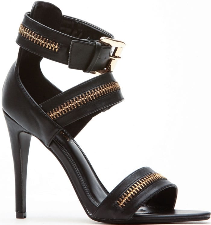 Black Faux Leather Zipper Accent Ankle Strap Heels
