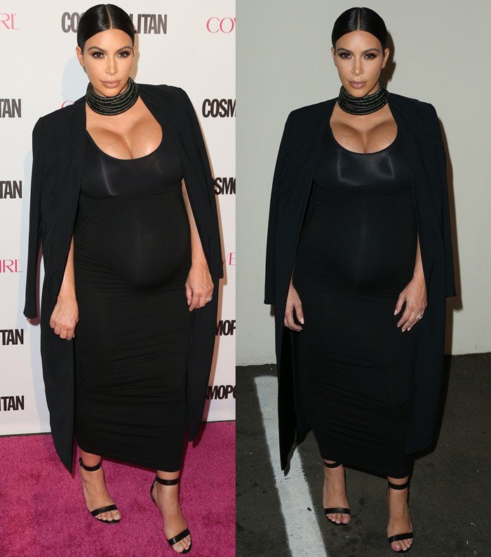 Kim Kardashian styled the black super-stretch jersey dress with a longline jacket draped over her shoulders, a matching beaded statement choker by Balmain, smoky eye make-up, and a pair of “Portofino” ankle-strap sandals from Gianvito Rossi.