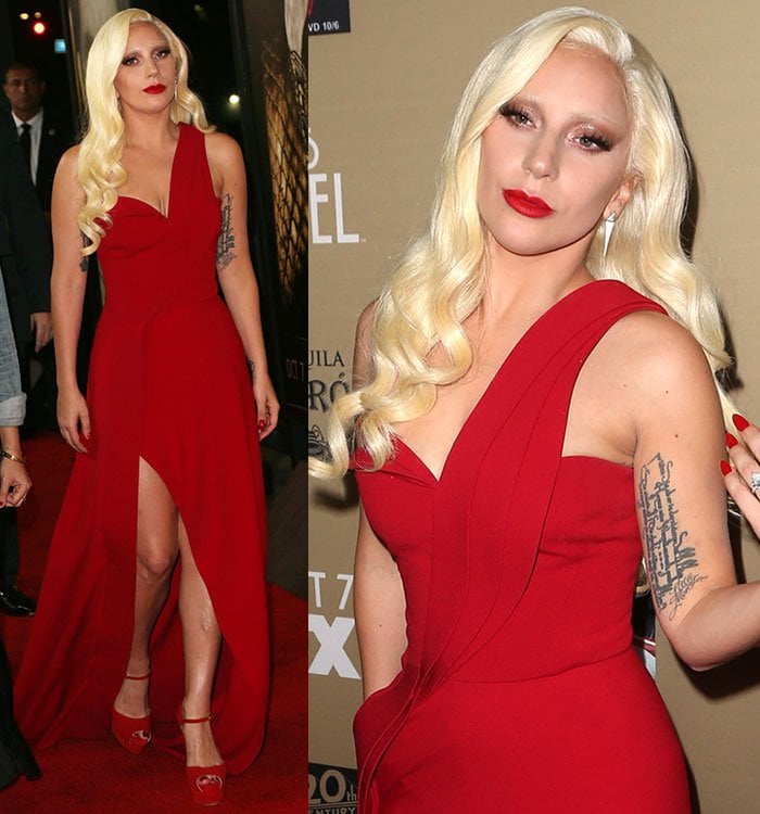 Lady Gaga in a red Brandon Maxwell dress and red Brian Atwood sandals at the premiere of 'American Horror Story: Hotel' in Los Angeles on October 3, 2015