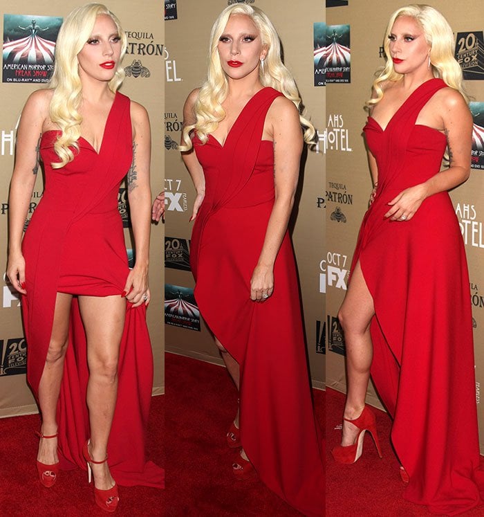Lady Gaga in a red Brandon Maxwell dress and red Brian Atwood sandals at the premiere of 'American Horror Story: Hotel' in Los Angeles on October 3, 2015