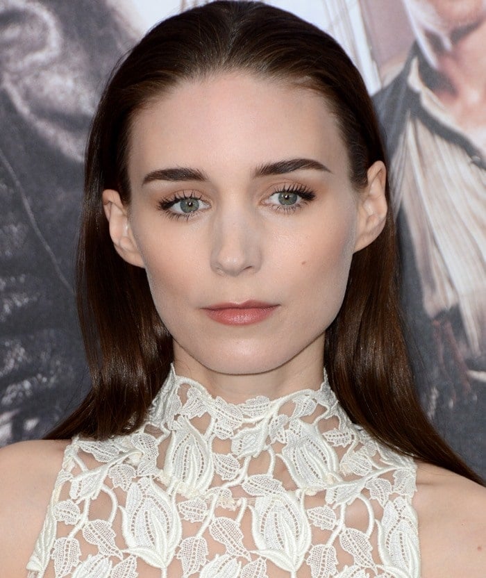 Rooney Mara slicks her hair back and shows off her long eyelashes at the premiere of "Pan"
