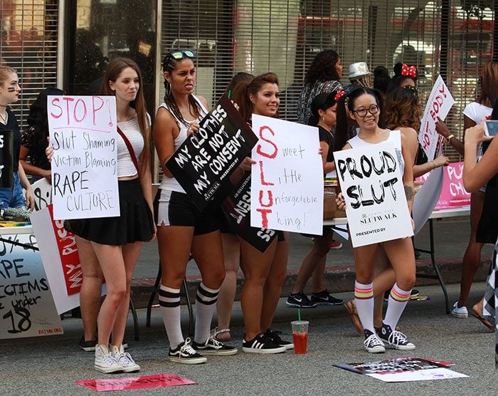 Hundreds of people joined the 31-year-old hip-hop model at Pershing Square in Downtown Los Angeles for her first SlutWalk event