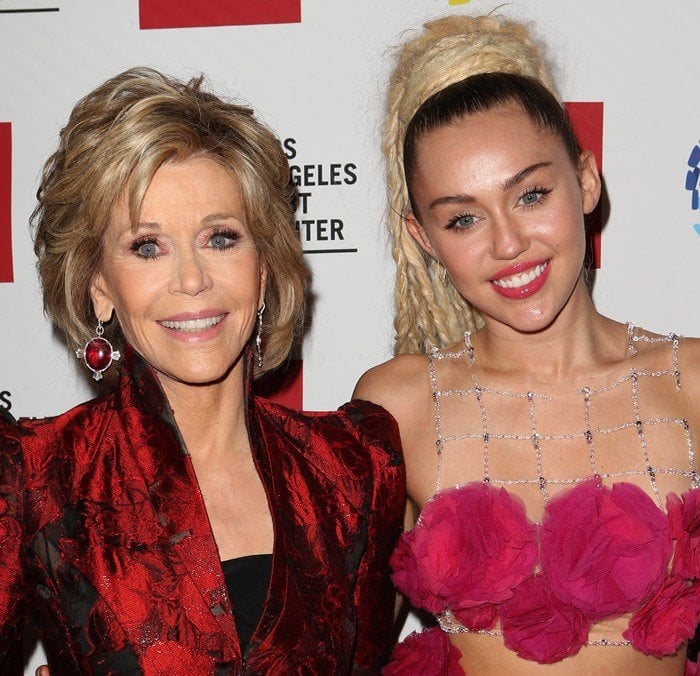 Jane Fonda and Miley Cyrus at the Los Angeles LGBT Center 2015 Anniversary Gala Vanguard Awards held at the Hyatt Regency Century Plaza in Century City on November 7, 2015