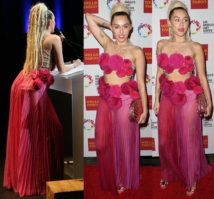 Miley Cyrus sported a bejeweled flower-decorated net top paired with a flashy matching skirt