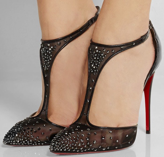 Christian Louboutin Salopatina 100 patent leather-trimmed embellished mesh pumps