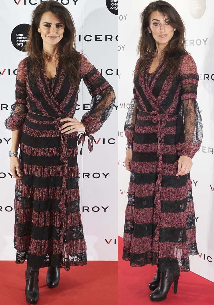 Penelope Cruz wears a black-and-burgundy Etro dress on the red carpet