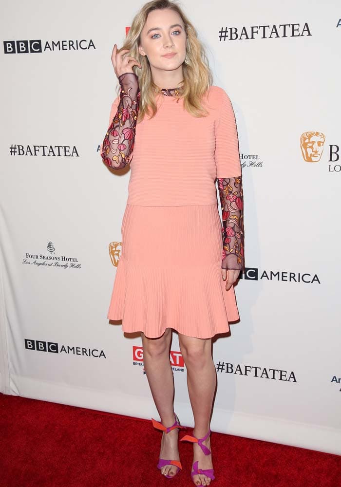 Saoirse turned heads in a peach Lela Rose dress and two-toned Alexandre Birman "Lolita" bow sandals at the BAFTA Los Angeles Awards Season Tea at Four Seasons, Los Angeles on January 9, 2016