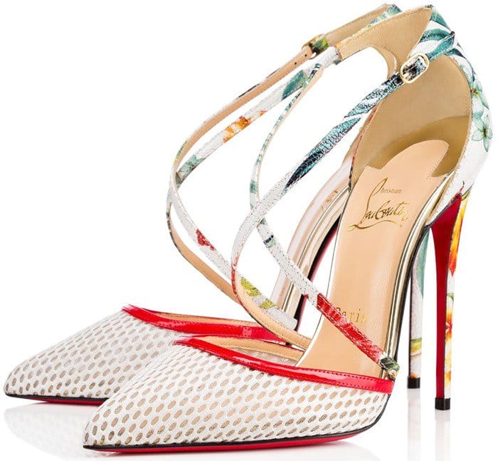 Christian Louboutin Cross Blake 100mm Patent Red Sole Pump in White Fishnet
