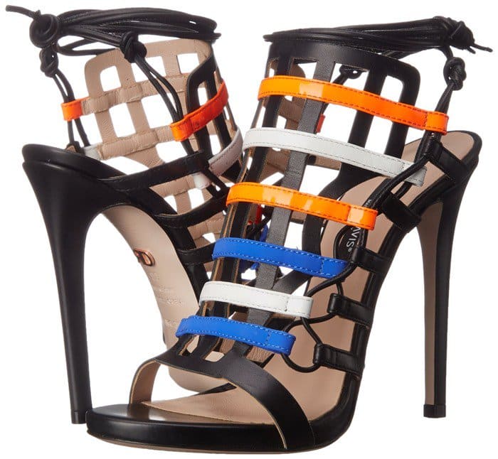This gladiator sandal features cage-style upper with multicolored stripes and ghillie lacing at each side