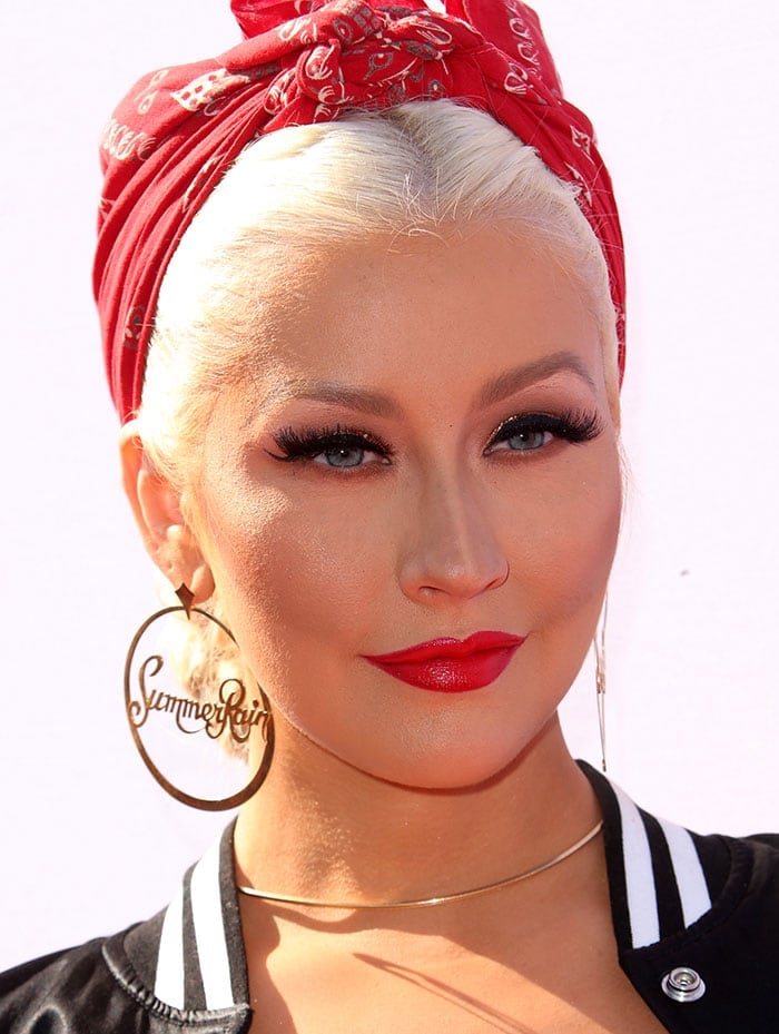 Christina-Aguilera-red-lipstick-Summer-Rain-earrings-red-bandana