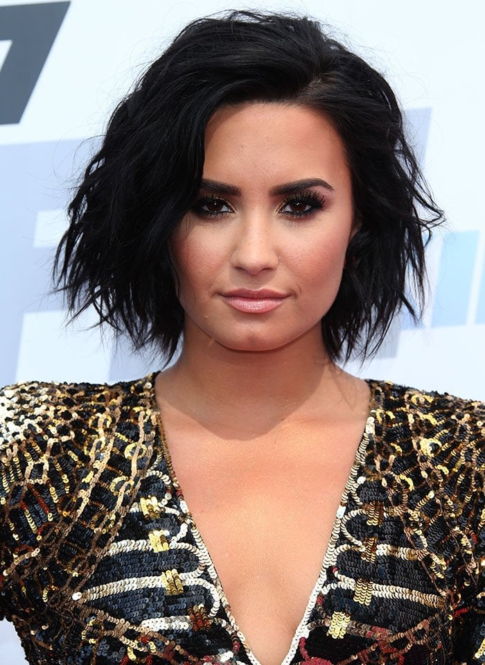 Demi-Lovato-tousled-hair-smoky-eyes-nude-lips