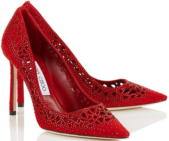 Jimmy Choo Romy Red Perforated Suede with Crystal Hotfix Detailing Pointy Toe Pump