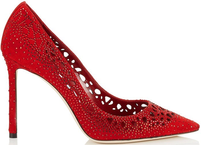 Jimmy Choo Romy Red Perforated Suede with Crystal Hotfix Detailing Pointy Toe Pumps