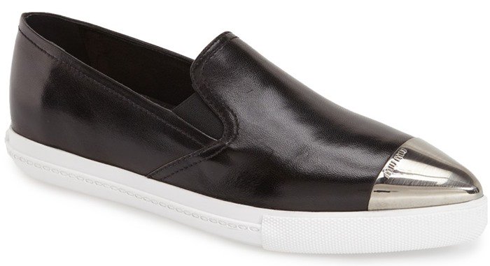 Miu Miu Cap Toe Slip On Sneakers in Black Leather