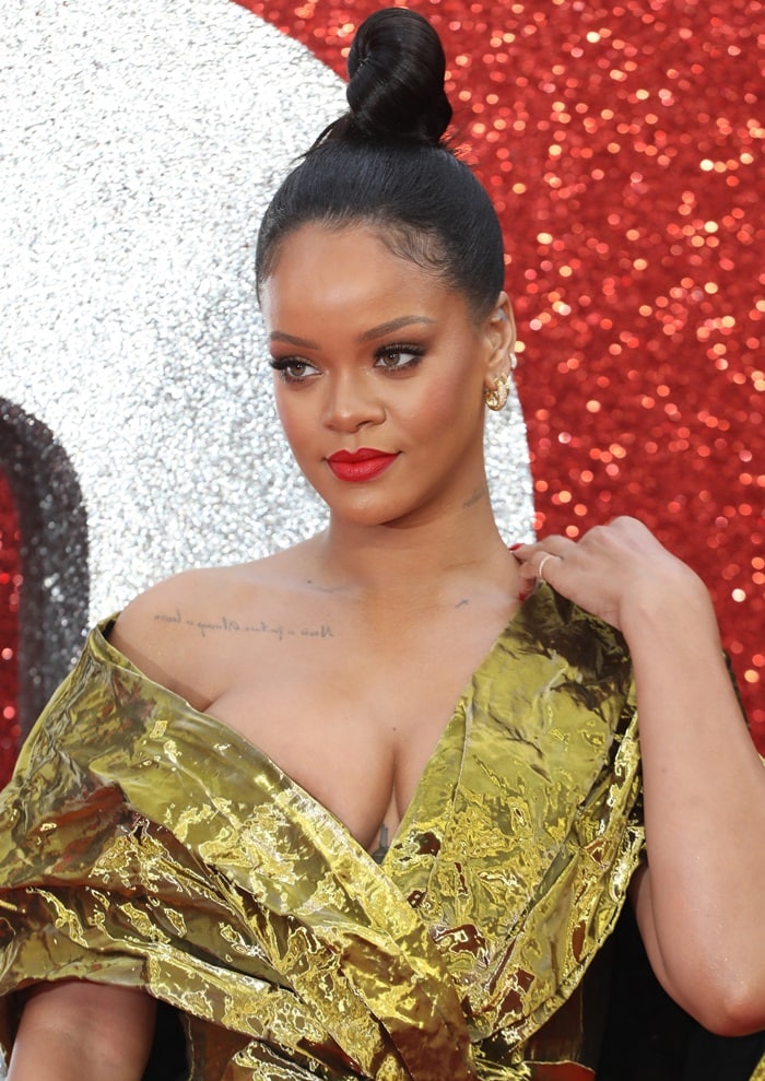 Rihanna sparkled in gold on the red carpet for the European premiere of her hit film 'Ocean’s 8' held at the Cineworld Leicester Square in London, England, on June 13, 2018
