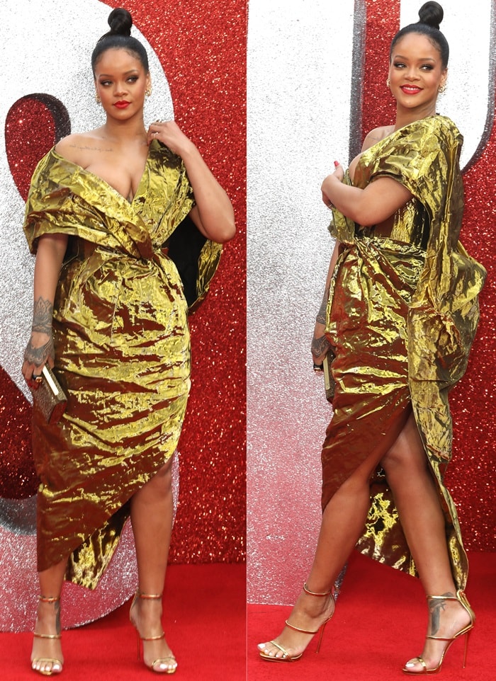 Rihanna in a Poiret gold metal-yarn draped dress and Harmony gold 3-strap sandals