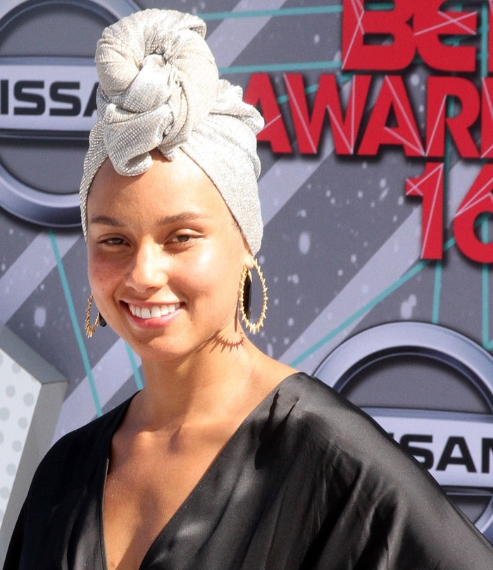 Alicia Keys wearing a Stella McCartney 'Morgane Aio' embellished satin jumpsuit at the 2016 BET Awards held at the Microsoft Theater in Los Angeles on June 26, 2016