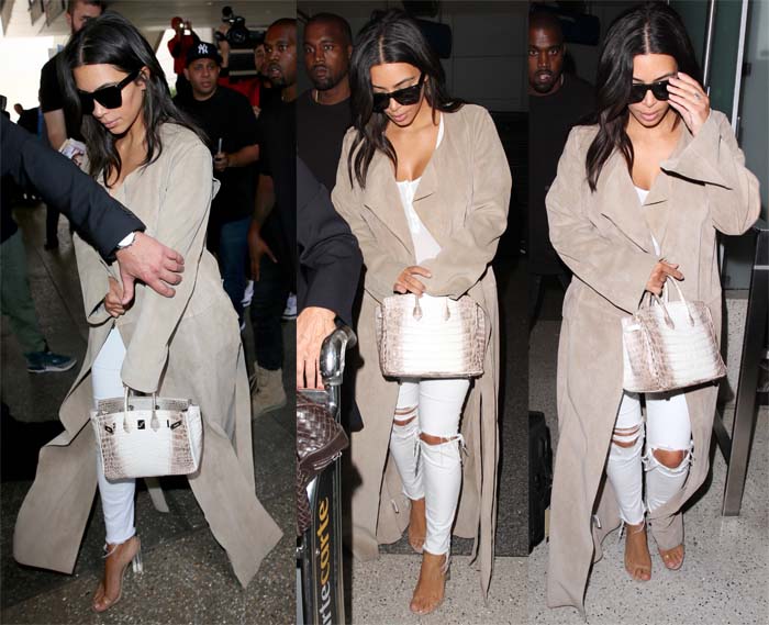 Kim Kardashian arriving with Kanye West at LAX on June 14, 2016, just in time for North's third birthday. She sported J. Brand distressed jeans, a body suit and Yeezy Season 2 Lucite sandals