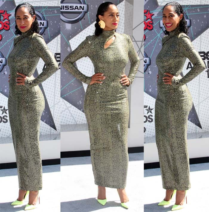 Tracee Ellis Ross walked the carpet at the 2016 BET Awards in the Microsoft Theatre on June 26, 2016 in a vintage Thierry Mugler dress