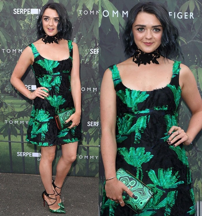 Maisie Williams in a head-to-toe green-and-black ensemble